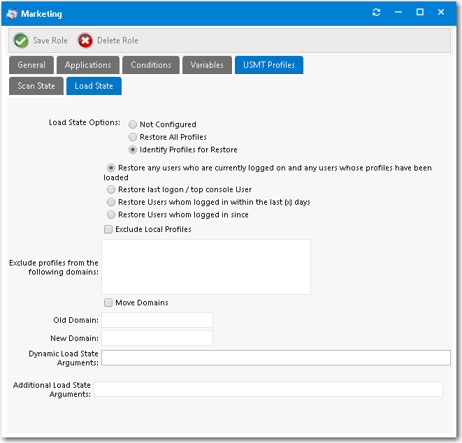 Role Properties Dialog Box / USMT Profiles / Load State / Identify Profiles for Restore
